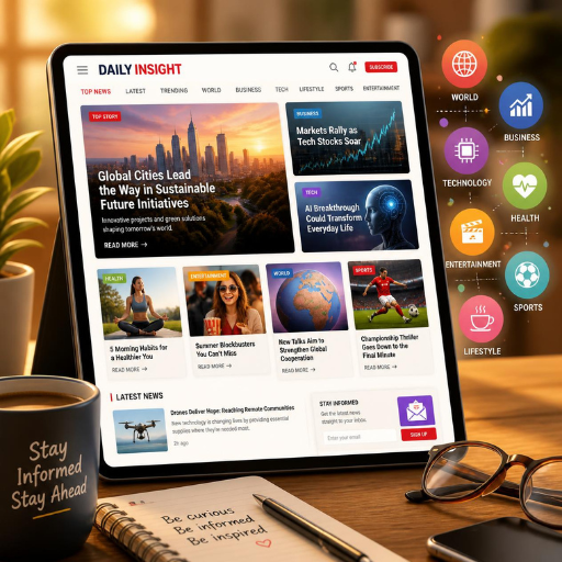 Tablet showing a digital news app with category icons for World, Business, Technology, Health, Entertainment and Sports